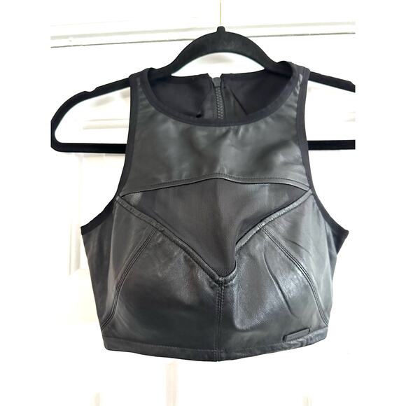 BLANC NOIR Black Leather Sheer Mesh Halter Crop Cropped Top Bra Cut-Out Back XS - Picture 2 of 7